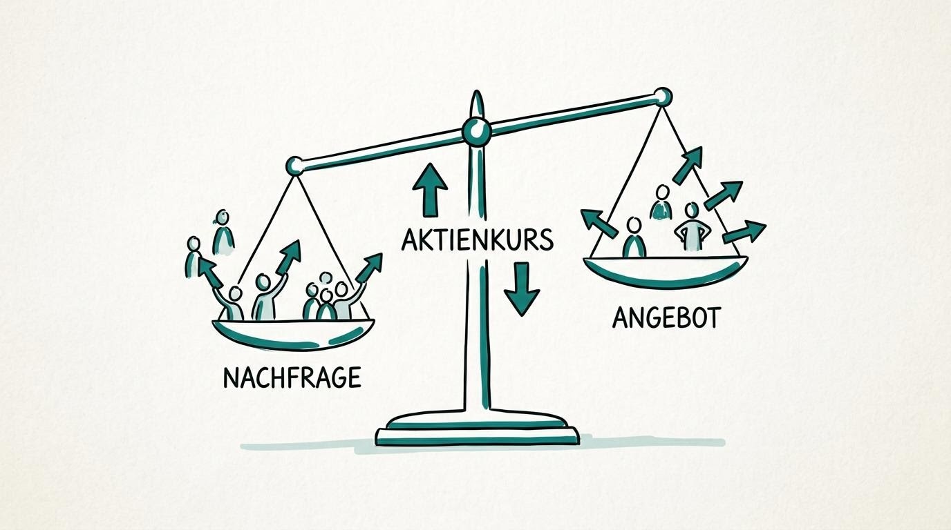 Einfache Waage-Skizze, die Angebot und Nachfrage als Ursache für einen Aktienkurs veranschaulicht