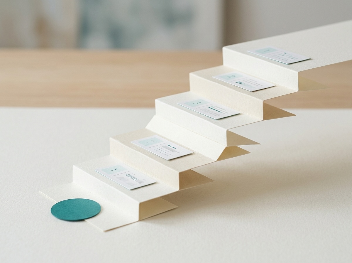 Symbolische Treppe aus hellem Papier mit kleinen Beschriftungen, die schrittweises Lernen darstellen