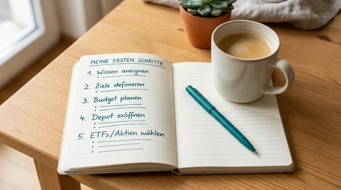 Notizbuch mit einer nummerierten Schritt-für-Schritt-Liste für den Einstieg neben einem Kaffeebecher