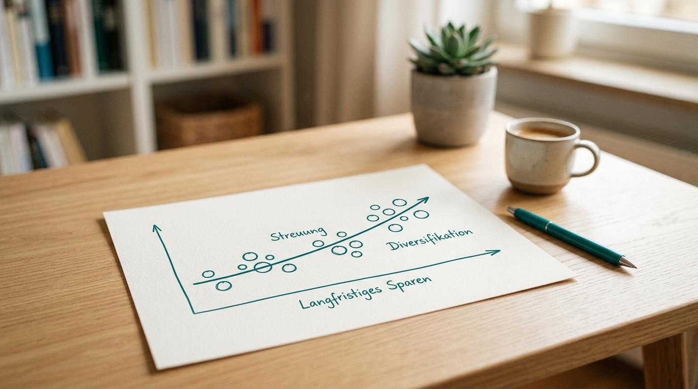 Ruhige Schreibtischszene mit einem einfachen Diagramm, das langfristiges und breit gestreutes Sparen andeutet